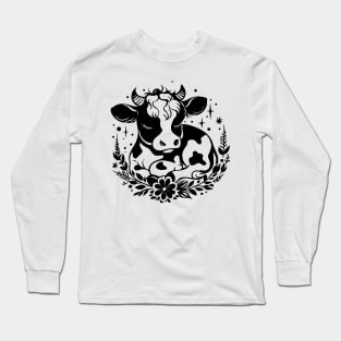 Cute Cow with Floral Wreath Black and White Artwork Long Sleeve T-Shirt